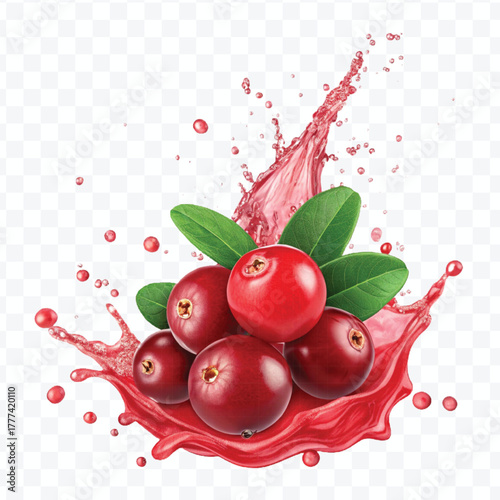 realistic cranberry  fruits with red liquid juice splash in different style isolated on transparent background