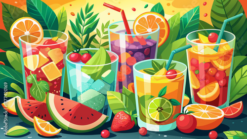 Very beautiful assortment of refreshing summer beverages with citrus fruits, berries, mint leaves, and ice cubes, displayed in bright glasses capturing the freshness and vibrant colors of the season.