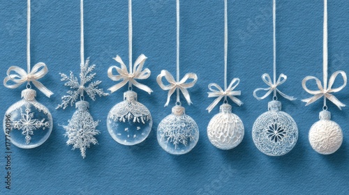 Elegant White Christmas Ornaments Hanging on Blue Background