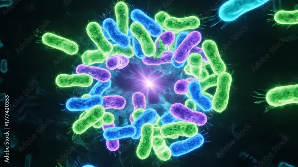 Vibrant Microorganism Colony with Central Glowing Energy Core; Abstract Digital Representation of Bacteria, Viruses, or Germs in a Microscopic Environment