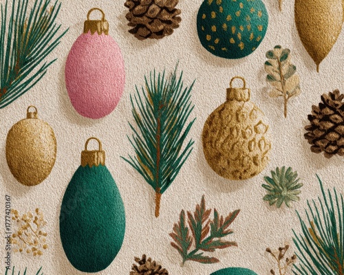 Colorful Christmas Ornaments and Pinecones with Greenery Design