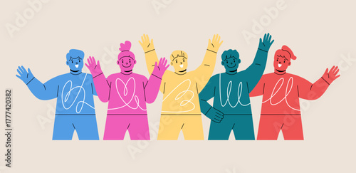Boys and girls greeting, waving with hand, hi gesture. Colorful vector illustration