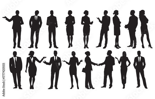 Silhouette of a group of diverse professionals in suits. Diverse business group. Diverse business people wearing formal attire. Confident professional club. Isolated on a white background.