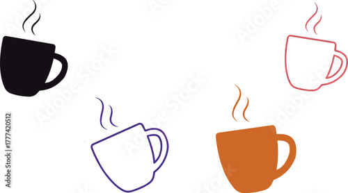 Fotografija The image you described features four colorful mugs of coffee or tea, each with distinct characteristics