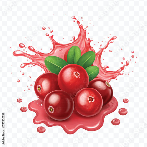 realistic cranberry  fruits with red liquid juice splash in different style isolated on transparent background