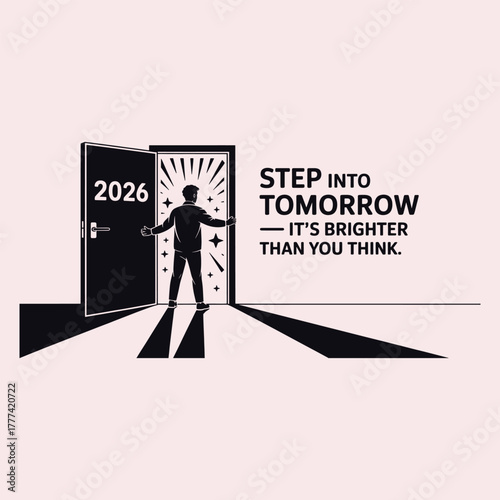 Silhouette of a man opening a door labeled 2026 with light rays and stars emanating from it vector