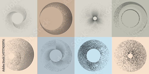 Lines and spirals in Circle Form .Rotate rounded shape Vector .Rotating dots form a circle .Rotating and linear design element . Various lines forming round shape . Abstract Geometric line art 