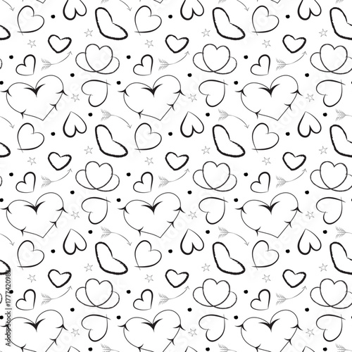 Energetic youthful seamless vector pattern of busy hand drawn doodle hearts and stars, creating a stylish monochrome digital paper ideal for teen stationery, textile or Valentine's Day crafts.