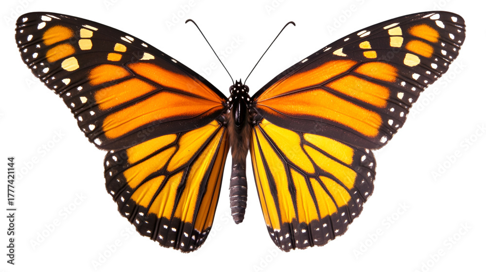 Fototapeta premium Monarch butterfly with vibrant orange wings and black markings against a