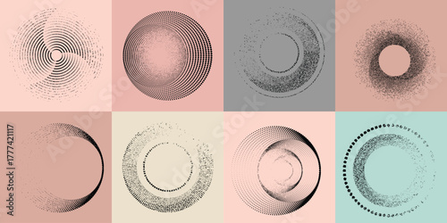 Lines and spirals in Circle Form .Rotate rounded shape Vector .Rotating dots form a circle .Rotating and linear design element . Various lines forming round shape . Abstract Geometric line art 