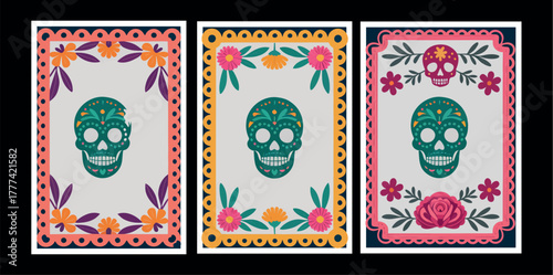 Dia De Los Muertos greeting cards,Vertical banner and social media stories. Mexican wedding frames. Day of the dead and Cinco de Mayo holidays.