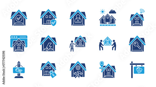 Home thin flat blue icon set. Containing house, insurance, owner, town, smart home, homepage, energy, landlord, moving, key. Vector illustration