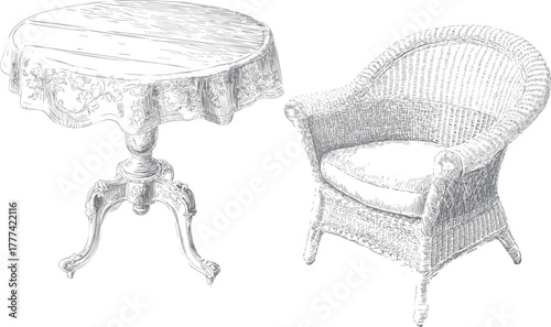Elegant engraving-style vintage table and wicker chair in soft beige, warm ivory, charcoal, ideal for housewarming events.