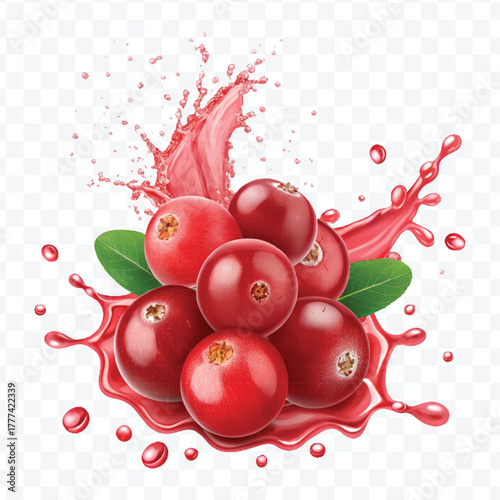 realistic cranberry  fruits with red liquid juice splash in different style isolated on transparent background