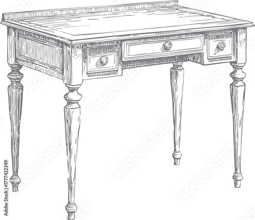 Elegant engraving-style vintage writing desk with ornate details in soft beige, warm ivory, charcoal, perfect for Teacher’s Day, Christmas, and home office decor.