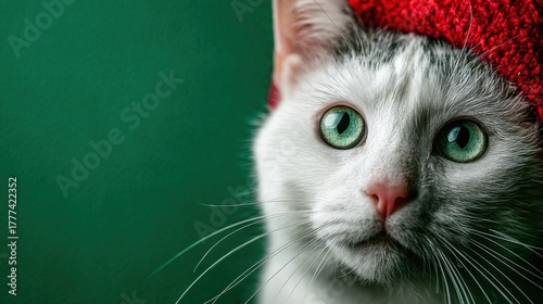 Adorable White Cat with Striking Green Eyes Wearing Red Hat