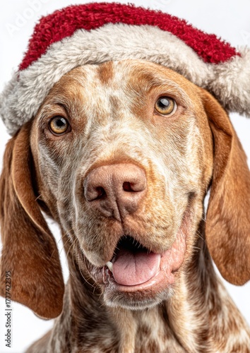 Happy dog wearing Santa hat with joyful expression and bright eyes