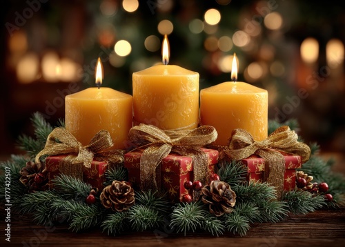 Festive Candles Surrounded by Greenery and Pine Cones for Holidays
