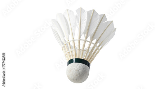 Realistic badminton shuttlecock with white feathers and cork base, isolated on transparent background, PNG format.