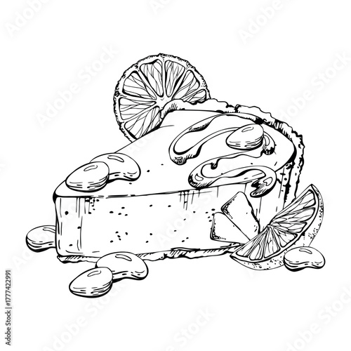 Bright orange slices atop cheesecake, chocolate bonbons, and syrup drizzle topping in vector ink. Isolated hand drawn artwork. Menu covers, culinary blog visuals, seasonal packaging, holiday posters.