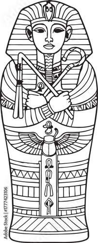 Ancient Egyptian Sarcophagus Illustration with Pharaoh, Hieroglyphs and Symbolic Burial Motifs