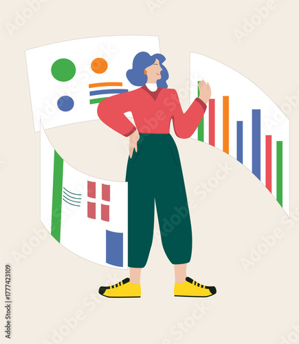 A hand-drawn illustration of a girl working with analytical tables. Illustration for analytical data, icons, stickers, and background image.