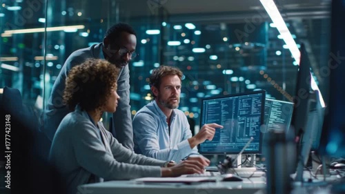 Team of Professionals Collaborating on Software Development, IT Experts Discussing Data and Digital Solutions, Technology Team Working on Cyber Innovation