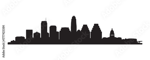 Silhouette of the Austin skyline. A black design of the Austin city set against a white background.