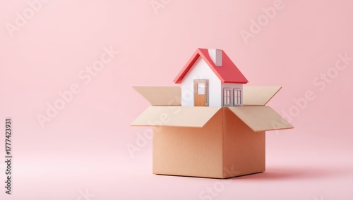 A small model of a house sits inside an open cardboard box