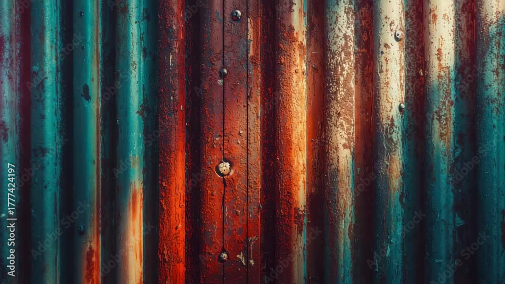 Filming corrugated metal wall in storage yard, highlighting peeling paint, rust spots and rivets