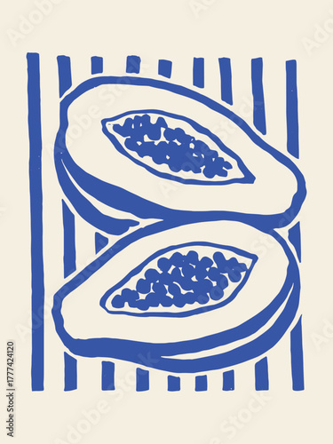 Papaya halves with seeds, hand-drawn sketch vector