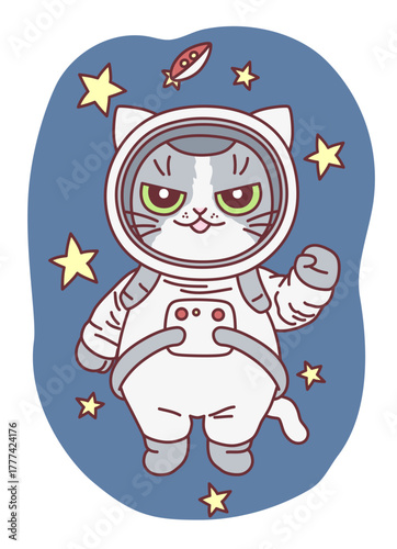 Cat astronaut in space suit on the stars and starship background. Vector illustration. Cute cats series.