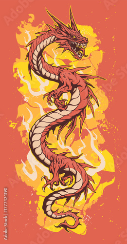 Red snake like dragon on the abstrakt background vector illustration. 