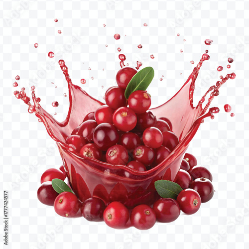 realistic cranberry  fruits with red liquid juice splash in different style isolated on transparent background