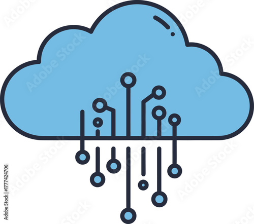 A blue cloud icon with circuit board connections extending downwards, symbolizing cloud computing and data transfer.