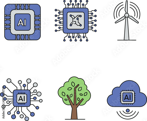 Collection of icons representing artificial intelligence, technology, renewable energy, and environmental sustainability, featuring AI chips, a wind turbine, a tree, and cloud computing.