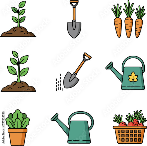 A collection of gardening icons featuring plants in various growth stages, essential tools, and harvested vegetables, illustrating the process of cultivation.