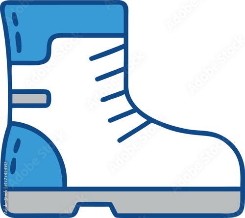 Blue and white safety boot icon with gray sole footwear work
