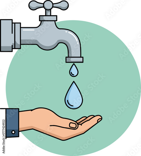 A cartoon illustration of a silver faucet with a single water drop falling into an open hand, set against a light green circular background.