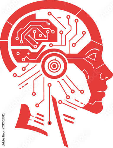 A red silhouette of a human head in profile, intricately designed with internal circuit board patterns and electronic pathways, symbolizing artificial intelligence or cybernetics.