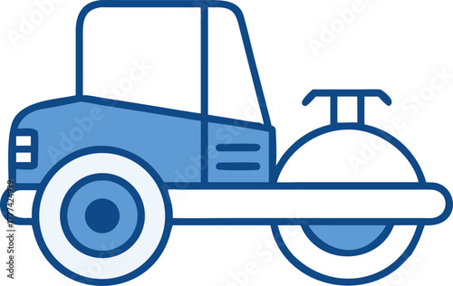 Blue road roller icon with dark blue outline on white background construction vehicle