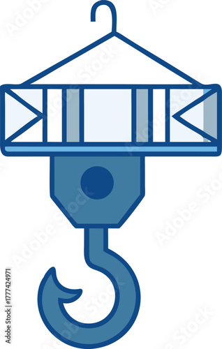Blue industrial crane hook icon with load bar vector