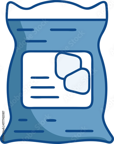 Blue cement bag icon with white label and two abstract shapes vector