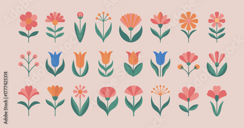 Floral Pastel Flat Folk Style Colors Blooming Flowers and Leaves for Summer and Spring Themes Design