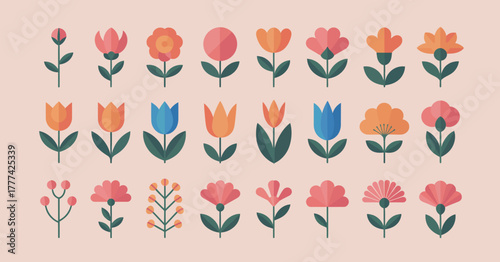 Pastel colors blooming flowers and leaves in flat folk geometric style. Spring, Easter and Summer theme