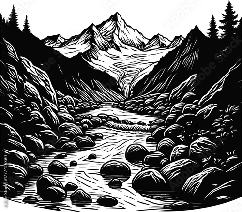 Black And White Mountain Range With River And Trees Illustration