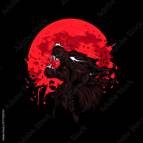 wolf angry with moon background vector illustration 