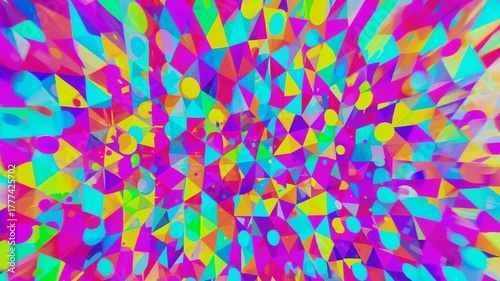 Starting kaleidoscopic triangles and circles pulsing and shifting in digital space, abstract mosaic