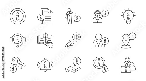 Information thin line icon set. Containing news, personal information, help, hint, support, instuctions, inform, user info, location, key information. Vector illustration