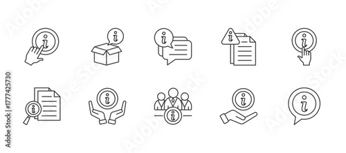 Information thin line icon set. Containing learn more, info box, chat, notice, more info, details, give infos, about us, info. Vector illustration